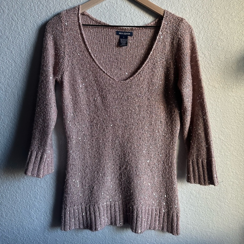 🤎Max Edition Tan Brown V-Neck Sequin Quarter Sleeve Sweater